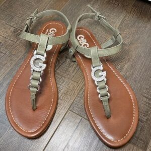 GBG Olive Green T-Strap Sandals with Rhinestone G Accent